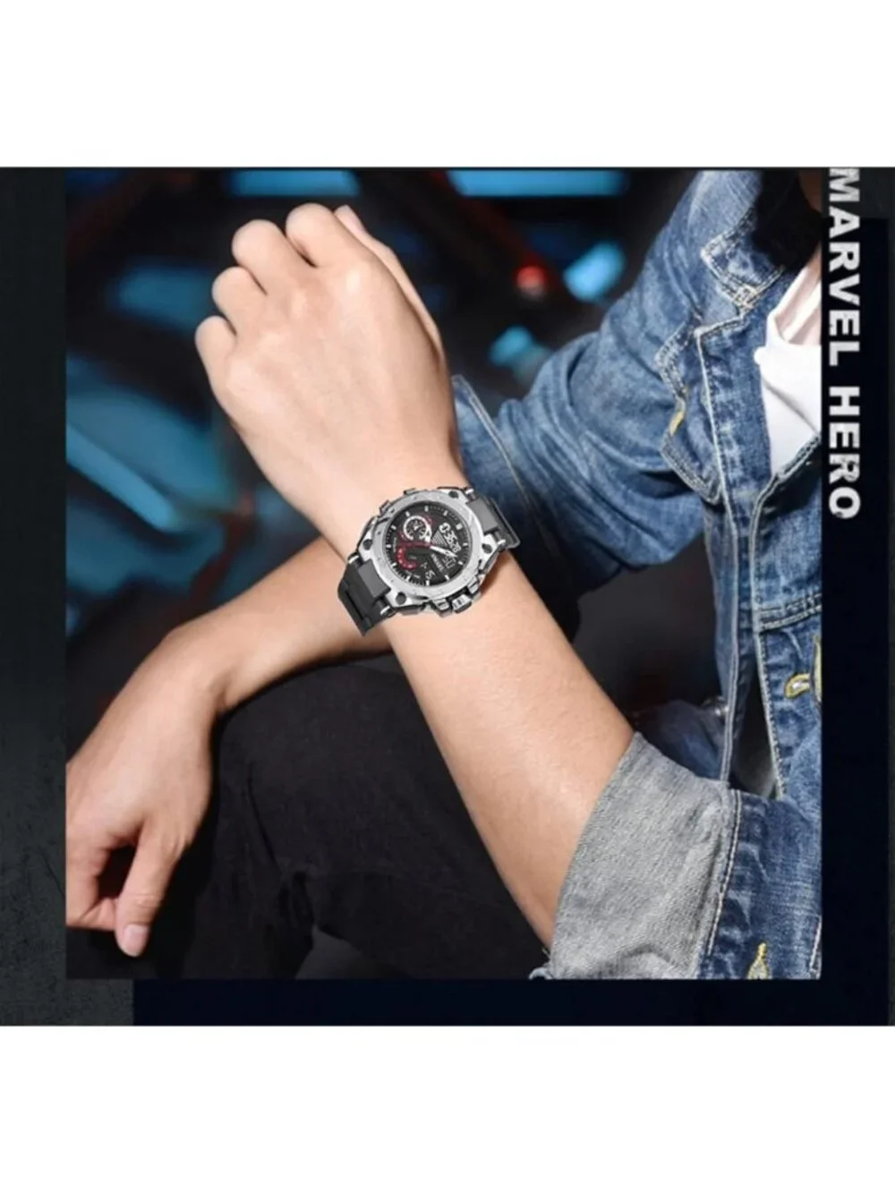 Mens Black And Silver Analog Quartz Sport Waterproof Military LED Digital Watch